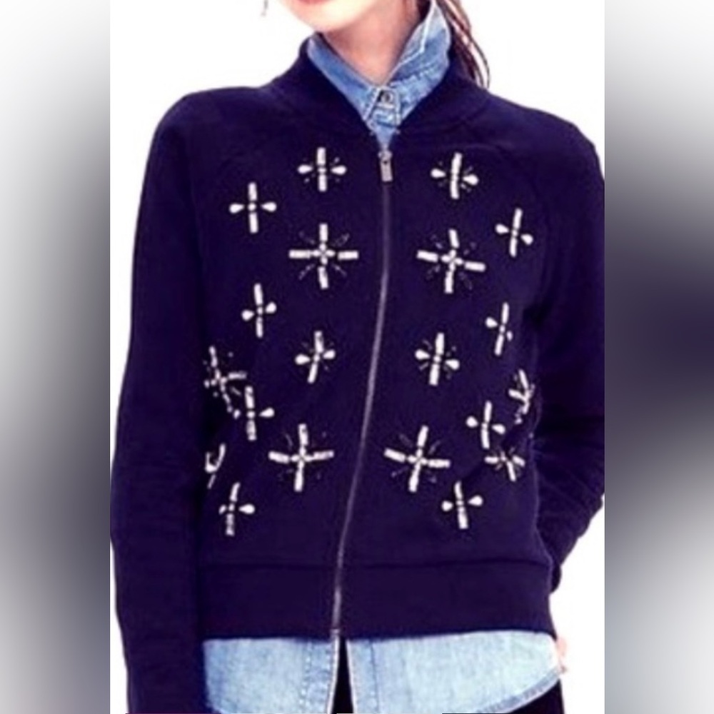 New Banana Republic S Navy jeweled embellishment zippered full front sweater.